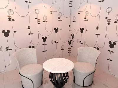 Two Beige Leisure Chairs With White Marble Round Table And Black Floral Mickey Mouse Wallpaper 3d model