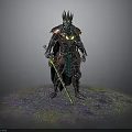 Man In Elaborate Mythical Armor Standing With Ornate Helmet Cloak Green Sword On Colorful Ground