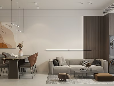 Modern Living Dining Room Interior With Sofa Dining Table Chairs And Pendant Lights 3d model