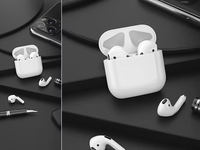 White Wireless Earbuds With Charging Case And Mobile Phone On Black Desk 3d model