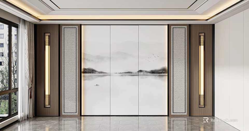 Modern Luxury Sofa Background Wall Design With Landscape Painting And Side Light Strips 3d model 