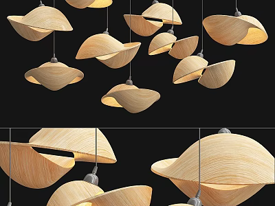 Modern Wooden Chandeliers With Curved Design And Warm Light Illumination Cluster 3d model