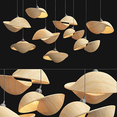 Modern Wooden Chandeliers With Curved Design And Warm Light Illumination Cluster 3d model