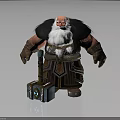 Fantasy Muscular Dwarf Character With White Beard Fur Trimmed Outfit Stone Hammer And Wooden Chest