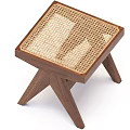 Elegant Wooden Stool With Handwoven Rattan Seat And Angled Triangular Legs