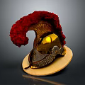 Golden Ancient Warrior Helmet With Red Feather Plume On Light Disc Base 3d model