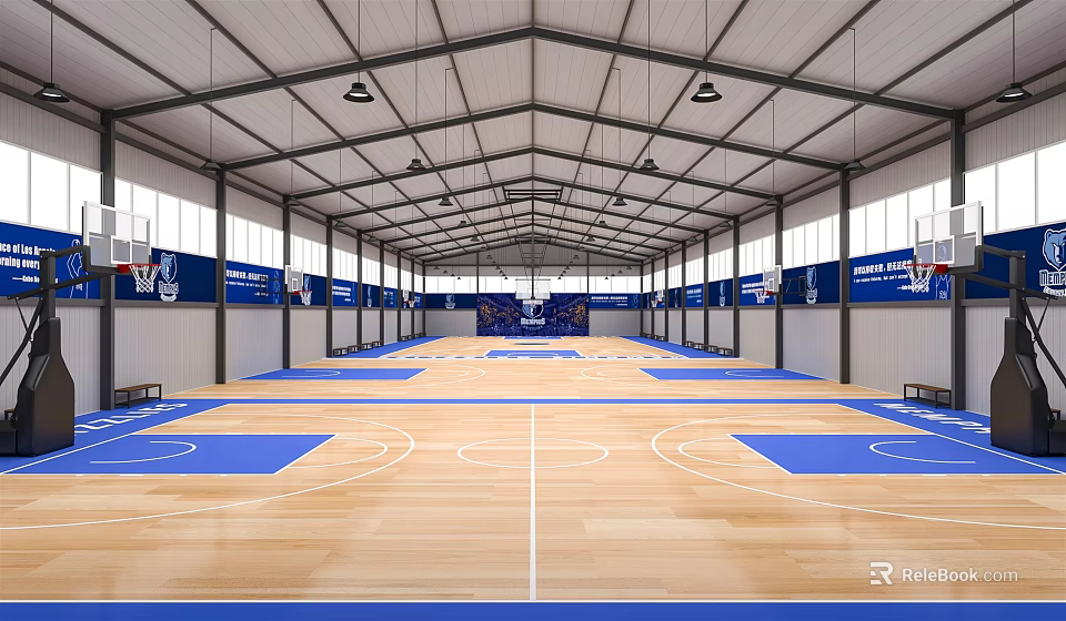 Spacious Basketball Gymnasium Interior With Wooden Flooring Blue Court Markings And Metal Roof Structure 3d model 
