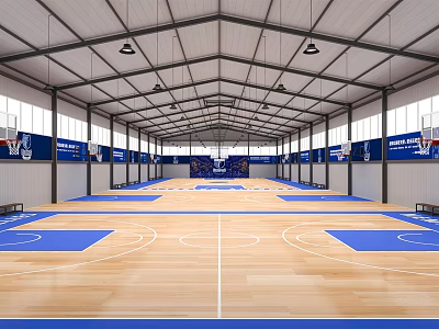 Spacious Basketball Gymnasium Interior With Wooden Flooring Blue Court Markings And Metal Roof Structure 3d model