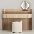 Light Wood Modern Dressing Table With Round Mirror Storage Drawers And Upholstered Stool
