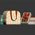 Yellow Bird Pattern on Blue Box with White Handbag and Open Boxes of Colorful Candies