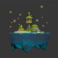 Adorable Cartoon Floating Island Scene with Green Lighthouse Lush Plants Stones Blue Water and Glowing Particles