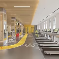 Spacious Modern Gym Interior With Treadmills Fitness Equipment And Wooden Walls