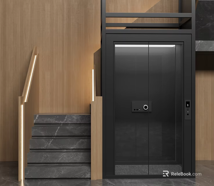 Sleek Modern Elevator With Black Door Marble Staircase And Wooden Walls Interior Design 3d model 