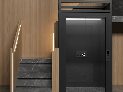 Sleek Modern Elevator With Black Door Marble Staircase And Wooden Walls Interior Design 3d model