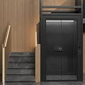 Sleek Modern Elevator With Black Door Marble Staircase And Wooden Walls Interior Design