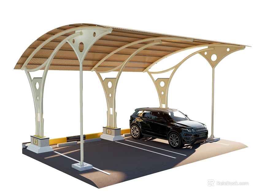 Modern Outdoor Carport Design With Curved Roof And Black SUV Vehicle 3d model 