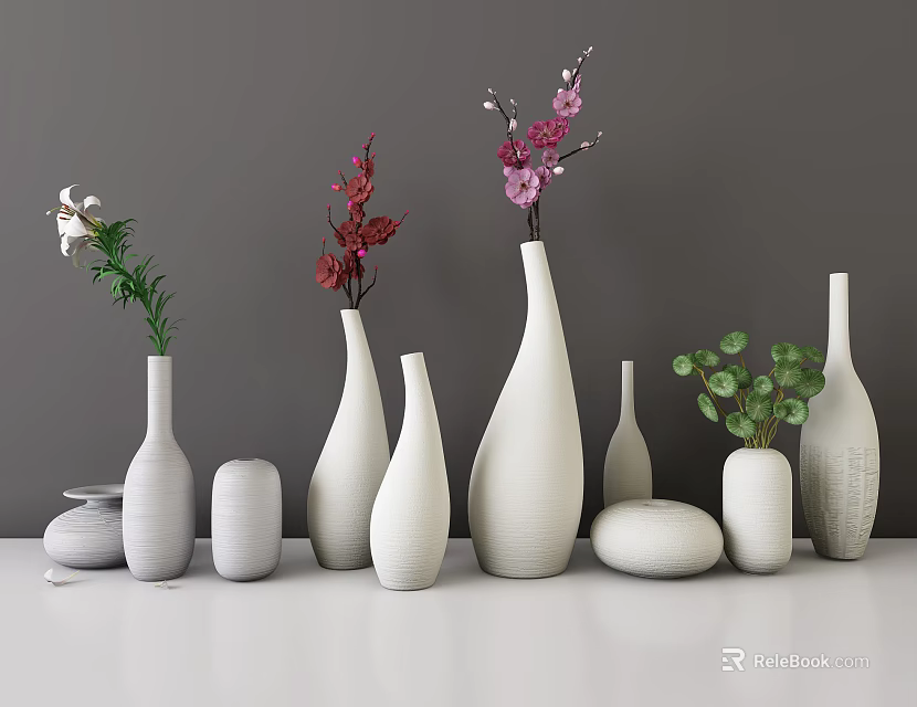 White Ceramic Vases With Assorted Flowers In Various Shapes And Minimalist Design 3d model 