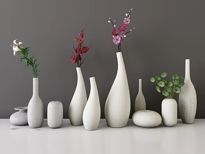 White Ceramic Vases With Assorted Flowers In Various Shapes And Minimalist Design 3d model