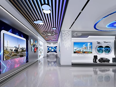 Modern Exhibition Hall With Digital Screens Industrial Images Circular Windows And Interactive Displays 3d model