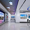Modern Exhibition Hall With Digital Screens Industrial Images Circular Windows And Interactive Displays