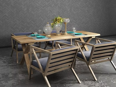 Wooden Dining Table Set With Slatted Back Chairs Blue Cushions Tableware And Flower Vase 3d model