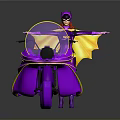 Masked Figure In Purple And Yellow Costume Standing By Vibrant Purple Motorcycle With Cape