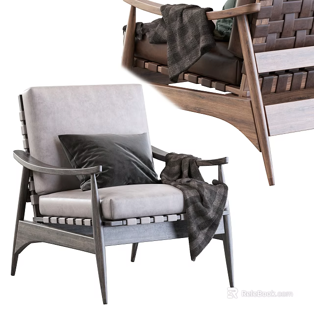 Cozy Modern Accent Chair With Gray Fabric Wooden Frame Plush Pillow And Knitted Blanket 3d model 