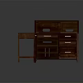 Dark Wood Writing Desk And Cabinet With Drawers And Open Shelves