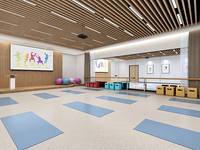 Spacious Fitness Studio With Blue Yoga Mats Colorful Exercise Balls And Sports Figure Murals 3d model