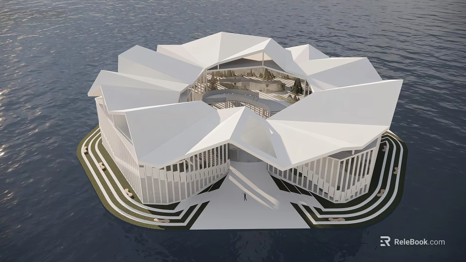 Modern Floating Building With Unique White Roof Structure And Surrounding Water 3d model 