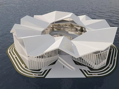 Modern Floating Building With Unique White Roof Structure And Surrounding Water 3d model