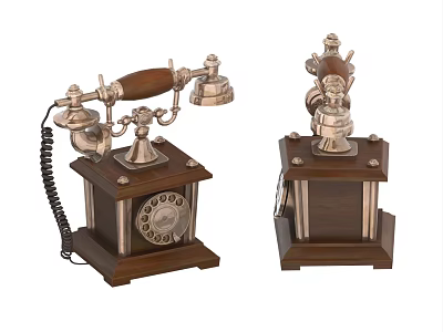 Two Vintage Telephones With Wooden Base And Metal Classic Design Elements 3d model