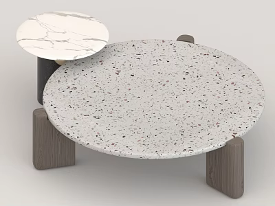 Modern Minimalist Terrazzo Coffee Table With Small Marble Top And Wooden Legs 3d model
