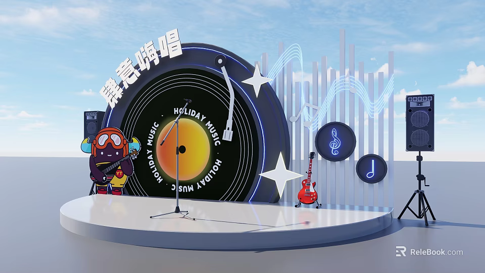 Modern Vinyl Record Shaped Stage With Microphone Stars Music Notes And Guitar For Holiday Music 3d model 