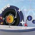 Modern Vinyl Record Shaped Stage With Microphone Stars Music Notes And Guitar For Holiday Music