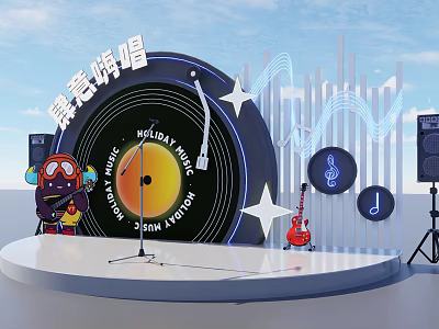 Modern Vinyl Record Shaped Stage With Microphone Stars Music Notes And Guitar For Holiday Music 3d model