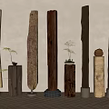 Various Wooden Columns With Different Colors Textures And Small Plants On Decorative Bases
