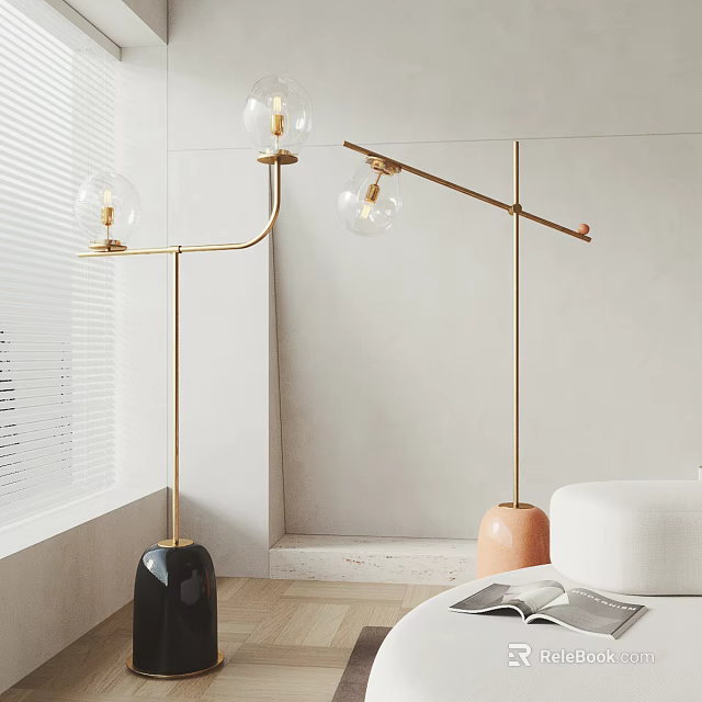 Modern Floor Lamp Interior Decor With Gold Metal Stand Glass Globe Shade And Black Orange Base 3d model 