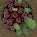 Fresh Red Cherries in Dark Shiny Bowl with Green Leaves and Single Cherry on Table