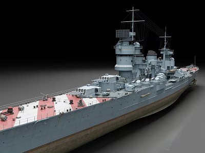 Vintage Military Battleship With Turrets Masts And Red White Deck 3d model