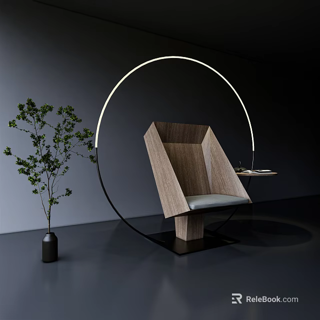 Modern Leisure Chair With Wooden Geometric Backrest Gray Cushion Circular LED Light And Green Plant 3d model 