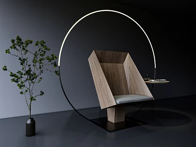 Modern Leisure Chair With Wooden Geometric Backrest Gray Cushion Circular LED Light And Green Plant 3d model