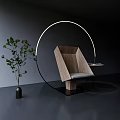Modern Leisure Chair With Wooden Geometric Backrest Gray Cushion Circular LED Light And Green Plant
