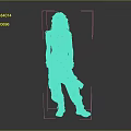 Red Haired Woman In Light Blue Crop Top Green Baggy Pants Brown Boots Gray Backdrop