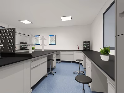 Clean Modern Laboratory Interior With Black Countertops Stools Blue Flooring And Plants 3d model
