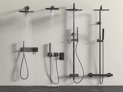 Multiple Shower Heads with Various Designs Mounted on White Wall Spraying Water Over Dark Floor 3d model