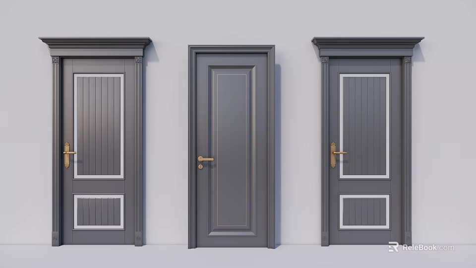 Gray Hinged Doors With Golden Handles And Various Decorative Designs 3d model