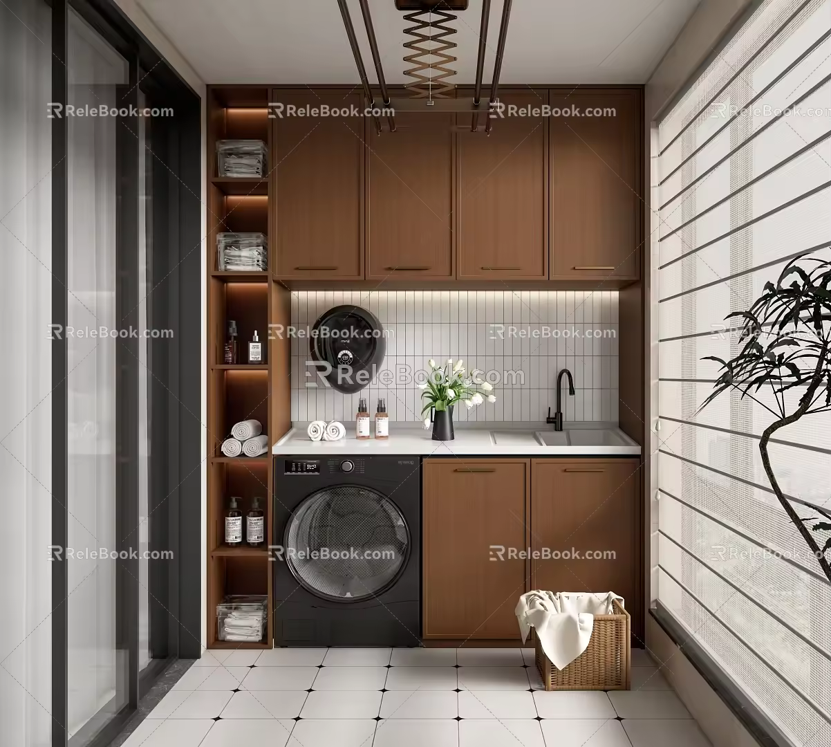 Antique Balcony Washing Machine Cabinet Washing Machine Laundry Room Drying Rack Roman Curtain 3d model