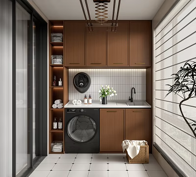 Modern Home Balcony Interior With Brown Cabinets Washing Machine And Green Plant 3d model