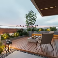Cozy Villa Balcony With Wooden Deck Fire Pit Wicker Chairs Green Plants And Scenic View